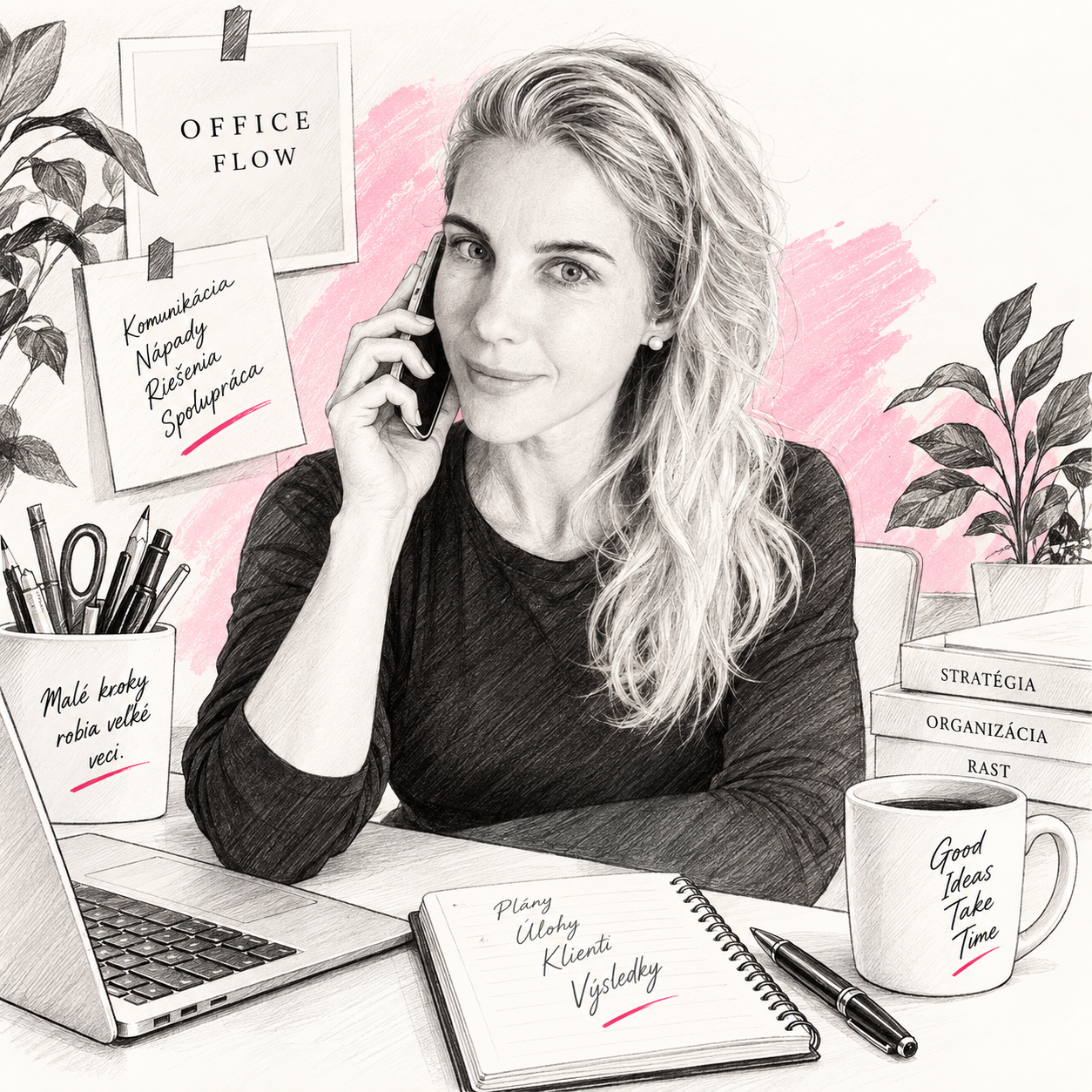 Erika telefonuje v skicovanej kancelárii Office Flow